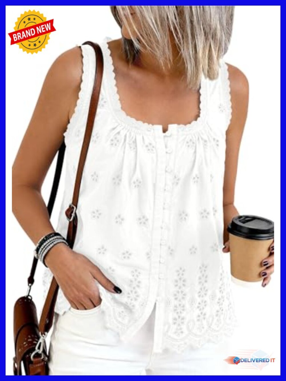 Women's Eyelet Embroidery Lace Tank Top Square Neck Button Down Sleeveless